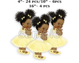 Yellow Tulle Dress Princess Cutouts Baby Shower Birthday Decor African American Girl with Ribbon Shoe